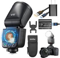 "Godox V1 MID" blykstė, 55 W Speedlite su apvalia blykstės galvute ir jutikliniu ekranu, 24 mm optika, daugiau kaip 650 blyksnių, įkraunama per 1,7 s, TTL/HSS 1/8000 s, magnetinis AK-R1 adapteris, skirtas EOS R5, R6II