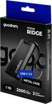 "GoodRam Move Ridge Black" - Išorinis kietasis diskas - SSD 1 TB - Didžiausias skaitymo greitis. 2000MB/s, maksimali įrašymo sparta. 2000MB/s - USB 3.2 Gen. 2 x 2 C tipo - su metaliniu korpusu - 75 x 32 x 9,5 mm