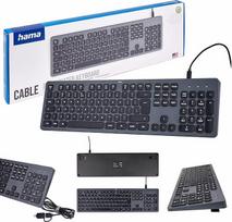 "Hama" laidinė klaviatūra CK-400 juodai pilka lenkiška QWERTY išdėstymo, USB apšviesta klaviatūra, dirbtinio intelekto klaviatūra, ergonomiška, mažai triukšmo, nuimamas kabelis, multimedijos klavišai)