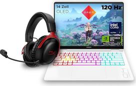 "HP Omen Transcend" žaidimų nešiojamasis kompiuteris, 14 colių 2,8K OLED 120 Hz, "Intel Core Ultra 7 155H", 16GB DDR5 RAM, 1 TB SSD, "NVIDIA GeForce RTX 4060" (8GB), QWERTZ, "Windows 11", baltas, su "HyperX Cloud III" belaidžiu ryšiu
