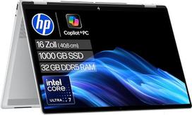 "HP OmniBook X Flip NG AI Intel Core Ultra 7 2 in 1 nešiojamasis kompiuteris, naujos kartos KI Copilot+ kompiuteris, 16 colių 3K 2880 x 1800 jutiklinis ekranas, 32GB DDR5 RAM, 1 TB SSD, "Win 11", QWERTZ, sidabrinės spalvos
