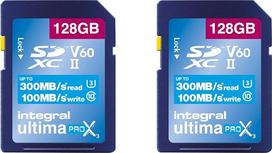 "Integral" 128GB 2 pakuotės UHS-II SD kortelė V60 Iki 300MB/s skaitymo ir 100MB/s rašymo greitis 1733X SDXC profesionali didelės spartos atminties kortelė