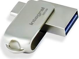 "Integral" 32GB 360-Dual USB 3.2 Gen 1 A tipo ir USB-C atmintinė - 5Gb/s duomenų perdavimas - "Plug & Play" - suderinama su kompiuteriais, nešiojamaisiais kompiuteriais, išmaniaisiais telefonais, "iPhone 15/16", "MacBook Pro/Air" ir "iPad Pro