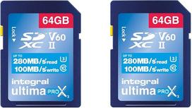"Integral" 64GB 2 pakuotės UHS-II SD kortelė V60 Iki 280MB/s skaitymo ir 100MB/s rašymo greitis SDXC profesionali didelės spartos atminties kortelė