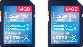 "Integral" 64GB 2 pakuotės UHS-II SD kortelė V90 Iki 300MB/s skaitymo greitis ir 280MB/s rašymo greitis 1866X SDHC profesionali didelės spartos atminties kortelė