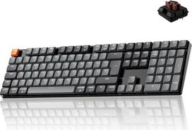 "Keychron K5 Version 2 QMK" belaidė žemo profilio klaviatūra, 100 % ISO DE išdėstymas, RGB, "Bluetooth 5.2"/USB-C, peršviečiami klavišai, QWERTY klaviatūra "Mac/Windows/Linux", pieno POM rudos spalvos jungiklis