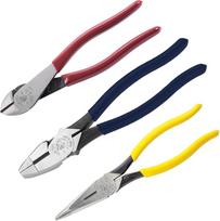 "Klein Tools 80020" 3 dalių įrankių rinkinys su replėmis linijoms, šoninėmis žnyplėmis ir ilgomis replėmis su indukcinio grūdinimo ašmenimis