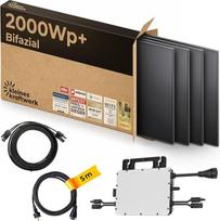 "Kleines Kraftwerk" 2000 W galios balkono elektrinės XL komplektas - 800 W inverteris su "WiFi" ir "Bluetooth", 4 x 500 W dvipusiai saulės moduliai, 5 m kabelis, kištukinis lizdas - saulės sistema balkonui be laikiklio