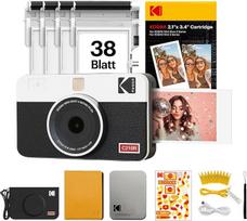 "Kodak Mini Shot 2 Retro" nešiojamasis momentinis fotoaparatas ir nuotraukų spausdintuvas, "iOS" ir "Android", "Bluetooth", "4Pass" technologija (54 x 86 mm) - baltas - priedų rinkinys, 68 lapai