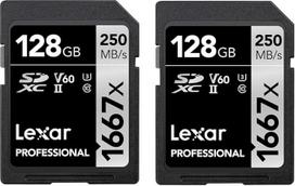 "Lexar Professional 1667x" SD kortelė, 128GB, 2 vnt., atminties kortelė SDXC UHS-II, iki 250MB/s skaitymo greitis, 10 klasė, U3, V60, SD kortelė profesionaliems fotografams, videografams, entuziastams (LSD1667128G-B2NAA)