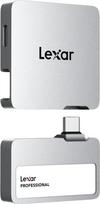 "Lexar Professional Go" nešiojamasis 2 TB SSD diskas su šakotuvu, itin kompaktiškas, palaiko "Apple ProRes", iki 1050MB/s skaitymo ir 1000MB/s rašymo greitis, USB 3.2 Gen 2, IP65, skirtas "iPhone 15/16", sidabrinės spalvos