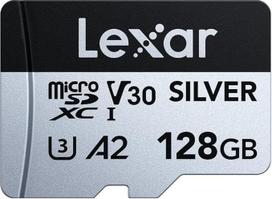 "Lexar Silver Micro SD" 128GB atminties kortelė, iki 200MB/s skaitymo greitis, 100MB/s įrašymo greitis, "Micro SD" atminties kortelė su SD adapteriu, UHS-I, A2, U3, V30, 10 klasė, 4K UHD microSDXC