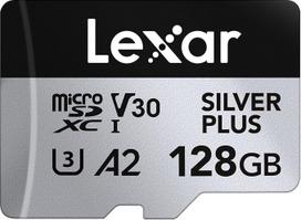 "Lexar Silver Plus Micro SD" 128GB atminties kortelė, iki 205MB/s skaitymo greitis, 150MB/s įrašymo greitis, "Micro SD" atminties kortelė su SD adapteriu, UHS-I, A2, U3, V30, 10 klasė, 4K UHD microSDXC