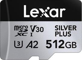 "Lexar Silver Plus Micro SD" 512GB atminties kortelė, iki 205MB/s skaitymo sparta, 150MB/s įrašymo sparta, "Micro SD" atminties kortelė su SD adapteriu, UHS-I, A2, U3, V30, 10 klasė, 4K UHD microSDXC