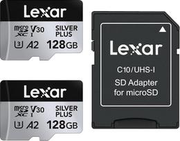 "Lexar Silver Plus" "Micro SD" kortelė, 128GB, 2 vnt., iki 205MB/s skaitymo greitis, 150MB/s įrašymo greitis, "Micro SD" atminties kortelė su adapteriu, UHS-I, A2, U3, V30, 10 klasė, 4K UHD microSDXC