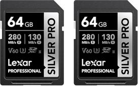 "Lexar Silver PRO" SD kortelė 2x64GB, UHS-II SD atminties kortelė, V60, U3, C10, iki 280MB/s skaitymo, 130MB/s įrašymo, SDXC kortelė DSLR / fotoaparatui / fotografui / videografui / entuziastui (LSDSIPR064G-B2NAA)