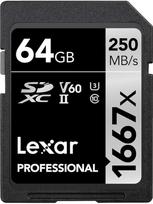 "Lexar Professional 1667x" SD kortelė 64GB, atminties kortelė SDXC UHS-II, iki 250MB/s skaitymo greitis, 10 klasė, U3, V60, SD kortelė profesionaliems fotografams, videografams, entuziastams (LSD64GCB1667)