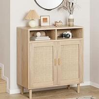 "Litake Rattan Sideboard", 80 x 92 x 40 cm, komoda su 2 atvirais skyriais ir 2 rotango durelėmis, komoda, medinė bufetinė spintelė, sandėliavimo spintelė, konsolinis staliukas, kavos baro spintelė, TV staliukas,