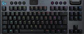 "Logitech G915 LIGHT SPEED TKL" belaidė mechaninė belaidė žaidimų klaviatūra be skaičių klaviatūros, lietimui jautrus GL mygtukų jungiklis su žemo profilio LIGHTSYNC RGB, itin plona, daugiau kaip 40 valandų veikianti baterija, QWERTY išdėstymas