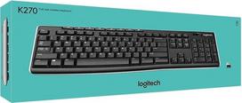 "Logitech K270" belaidė klaviatūra, 2,4 GHz ryšys per USB "Unifying" imtuvą, 8 daugialypės terpės ir sparčiųjų klavišų klavišai Atspari purslams, 2 metų baterija, prancūziškas AZERTY išdėstymas