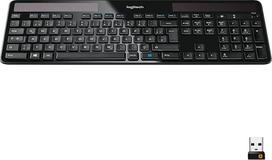 "Logitech K750" belaidė klaviatūra, maitinama saulės energija, 2,4 GHz ryšys per USB "Unifying" imtuvą, itin maža ir ekologiška gamykloje, vokiškas QWERTY išdėstymas - juoda