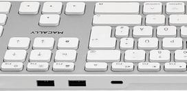 "Macally" UCZKEYHUBW Plokščia išplėsta "Mac" klaviatūra, 22 mm plona, USB-C šakotuvas su 2 x USB-A ir 1 x USB-C, 16 sparčiųjų klavišų, skaitmeninė klaviatūra, 90 cm ilgio laidas, sidabriškai balta, vokiškas QWERTZ išdėstymas