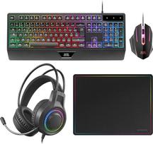 "Mars Gaming MCP124PRO", ispaniškas, žaidimų rinkinys "4-in-1", RGB H-Mech klaviatūra su riešo atrama, RGB pelė 3200DPI HUANO jungikliu, FRGB ausinės, nanotekstilės pelės kilimėlis 36 x 26 cm, daugiaplatformis, juodas