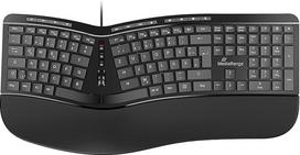 "MediaRange" ergonominė klaviatūra, laidinė daugialypės terpės klaviatūra su 124 klavišais ir slinkimo ratuku, vokiškas QWERTZ išdėstymas, atspari purslams ir reguliuojamo aukščio, juoda