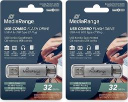 "MediaRange" USB 3.1 ir TypeC atminties kortelė "Memory Stick 32GB Combo Flash" su apsauginiais dangteliais, išorinės atminties išplėtimas, skaitymo greitis iki 60MB/s, sidabrinė spalva (2 vnt.)