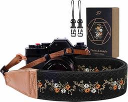 "Padwa Lifestyle" fotoaparato dirželis - 2 colių pilno grūdo odos fotoaparato dirželiai fotografams, senovinis siuvinėtas medvilninis audinys, minkštas zomšinis audinys, paminkštintas dirželis, greitas atpalaidavimas, tinka visiems fotoaparatams - "Mustar
