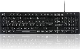 "Perixx Periboard-317", laidinė klaviatūra su baltu LED apšvietimu, didelėmis spausdintinėmis raidėmis, visu formatu, vokiškas QWERTZ išdėstymas