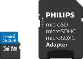 "Philips Ultra Pro microSDXC" kortelė 256GB + SD adapteris UHS-I U3, skaitymo greitis iki 100MB/s, A1 greitas programų veikimas, V30, atminties kortelė išmaniesiems telefonams, planšetiniams kompiuteriams, kompiuteriams, kortelių skaitytuvams, 4K UHD va