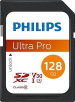 "Philips Ultra Pro" SDXC kortelė 128GB UHS-I U3, skaitymo greitis iki 100MB/s, V30, atminties kortelė fotoaparatams, planšetėms, kompiuteriams, kortelių skaitytuvams, 4K UHD vaizdo įrašams