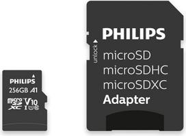 "Philips Ultra Speed microSDXC" kortelė 256GB + SD adapteris UHS-I U1, skaitymo greitis iki 80MB/s, A1 greitas programų veikimas, V10, atminties kortelė išmaniesiems telefonams, planšetiniams kompiuteriams, kompiuteriams, kortelių skaitytuvams, "Full HD