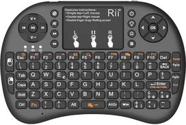 "Rii Mini i8+ V2" belaidis + OTG kabelis F1 - apšviesta klaviatūra su jutikliniu kilimėliu ir įjungimo / išjungimo mygtuku, skirta "Amazon Fire TV", išmaniesiems televizoriams, TV priedėliams, kompiuteriams, "Playstation", "Xbox", kompiuteriams
