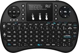 "Rii Mini i8" belaidė ergonominė apšviesta prancūziška (Azerty) + belaidė mini klaviatūra su jutikliniu kilimėliu, skirta išmaniajam televizoriui, HTPC, mini kompiuteriui, MP3 grotuvui, kompiuteriui (juoda)