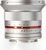 "Rokinon RK12M-E-SIL" 12 mm F2.0 itin plataus kampo fiksuotasis objektyvas, skirtas "Sony E-mount" (NEX) ir kitiems fotoaparatams