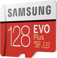 "Samsung EVO Plus Micro SDXC" 128GB iki 100MB/s, 10 klasės U3 atminties kortelė (įskaitant SD adapterį) raudona / balta
