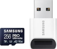 "Samsung Pro Ultimate microSD" kortelė ir USB kortelių skaitytuvas, 256GB, skirta išmaniesiems telefonams, dronams ir veiksmo kameroms, UHS-I U3, 200MB/s skaitymas, 130MB/s įrašymas, MB-MY256SB/WW