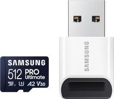 "Samsung Pro Ultimate microSD" kortelė ir USB kortelių skaitytuvas, 512GB, skirta išmaniesiems telefonams, dronams ir veiksmo kameroms, UHS-I U3, 200MB/s skaitymas, 130MB/s įrašymas, MB-MY512SB/WW