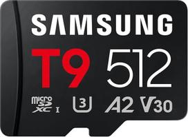 "Samsung T9 MicroSD" 512GB atminties kortelė, skirta naudoti dronuose, veiksmo kamerose ir 360° kamerose, UHS-I U3, Full HD ir 4K UHD, 200MB/s skaitymui, 130MB/s įrašymui, MB-MH512T/WW