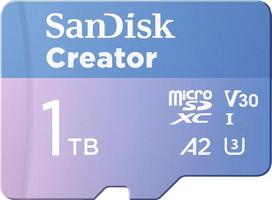 "SanDisk Creator microSDXC UHS-I" 1 TB atminties kortelė + adapteris (skirta išmaniesiems telefonams, fotoaparatams ir dronams, 5,3K ir 4K, A2, C10, V30, U3, iki 190MB/s duomenų perdavimas, 3 mėn. "Adobe Lightroom")