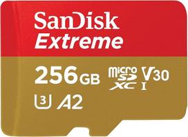 "SanDisk Extreme microSDXC UHS-I" atminties kortelė 256GB + adapteris (išmaniesiems telefonams, veiksmo kameroms ir dronams, A2, C10, V30, U3, 190MB/s duomenų perdavimas, RescuePRO Deluxe)