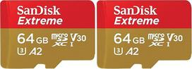 "SanDisk Extreme microSDXC UHS-I" atminties kortelė 64GB + adapteris (išmaniesiems telefonams, veiksmo kameroms ir dronams, A2, C10, V30, U3, 170MB/s perdavimo greitis, RescuePRO Deluxe) (2 vnt.)