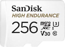 "SanDisk High Endurance microSDXC" atminties kortelė 256GB + adapteris (skirta "Dash Cams" ir privačioms apsaugos kameroms, 100MB/s skaitymo greitis, V30 "Full HD" ir 4K vaizdo įrašams)