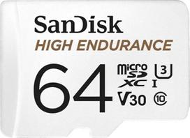 "SanDisk High Endurance microSDXC" atminties kortelė 64GB + adapteris (skirta "Dash Cams" ir privačioms apsaugos kameroms, 100MB/s skaitymo greitis, V30 "Full HD" ir 4K vaizdo įrašams)