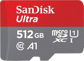 "SanDisk Ultra Android" microSDXC UHS-I atminties kortelė 512GB + adapteris (išmaniesiems telefonams ir planšetiniams kompiuteriams, A1, 10 klasė, U1, "Full HD" vaizdo įrašai, iki 150MB/s skaitymo greitis)