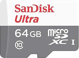 "SanDisk Ultra microSDXC" 64GB, iki 100MB/s, 10 klasė, UHS-I, "Full HD" vaizdo įrašai, balta/pilka