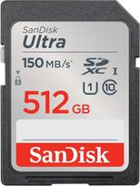 "SanDisk Ultra SDXC UHS-I" 512GB atminties kortelė (skirta pradinio ir vidutinio lygio kompaktiniams fotoaparatams, "Full HD" vaizdo įrašams, U1, C10, V10, iki 150MB/s skaitymo greitis)