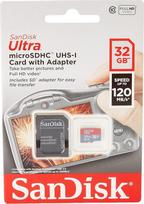 "SanDisk Ultra" 32GB microSDHC atminties kortelė + SD adapteris su A1 programėle Našumas iki 120MB/s, 10 klasė, UHS-I
